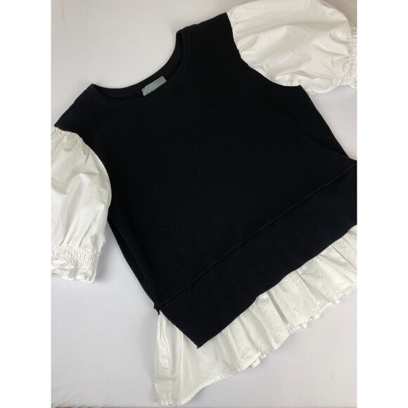 ~ Anthropologie L Sweater/Blouse Mixed Media Black White Balloon Poplin Knit Lg - Picture 8 of 15